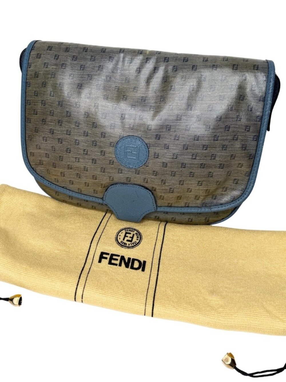 Vintage Fendi 80s FF Monogram Crossbody Messenger Bag Blue Trim